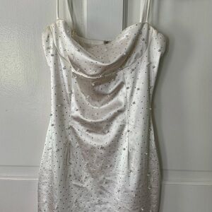 Elegant White Satin Dress with Rhinestone Accents